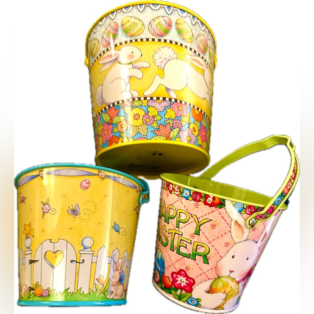 Michel & Company Mary Engelbreit Colorful Decor 3 Tin Easter Baskets Set Vtg 90s